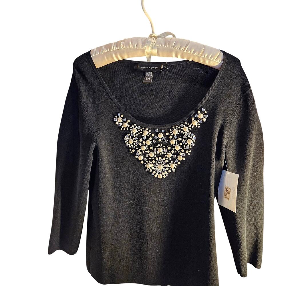 Cable & Gauge Black Faux Pearl Rhinestone 3/4 sleeves Sz M Glamor